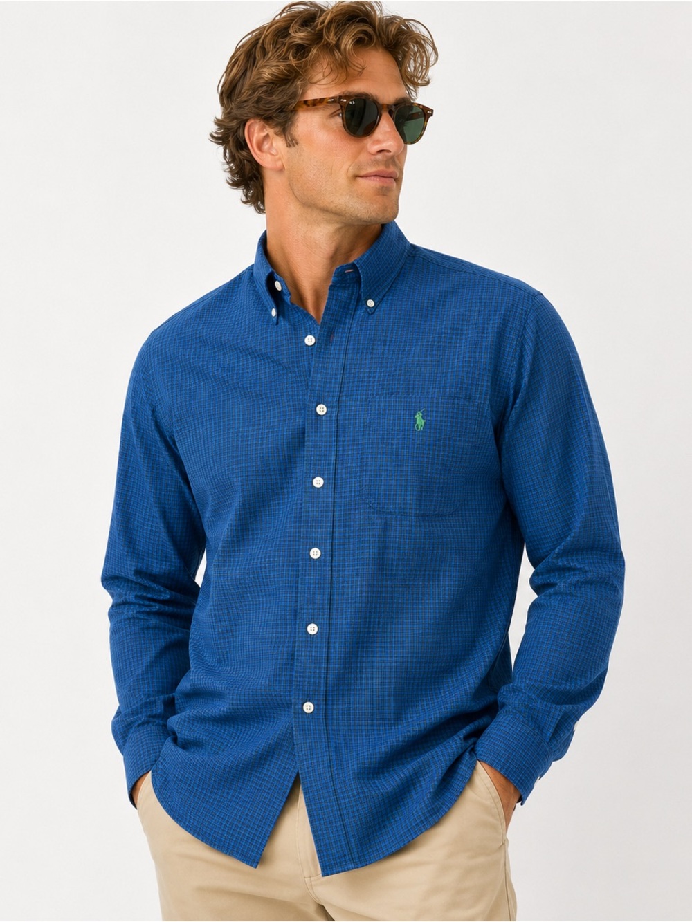 Polo Ralph Lauren Mens L Classic Fit Blue Green Check Long Sleeve Shirt Pony